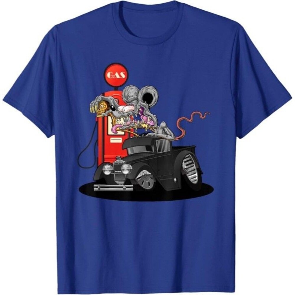Rat Rod Racer Gas Stop 1930s Hot Rod Truck Cartoon T-Shirt XL BLUE